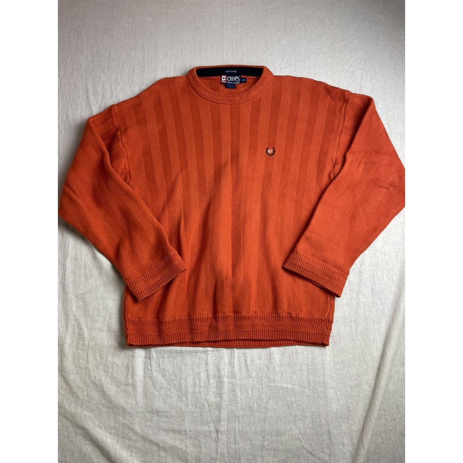 Vintage 90s Chaps Ralph Lauren Orange Mens L Herringbone Knit Preppy Sweater